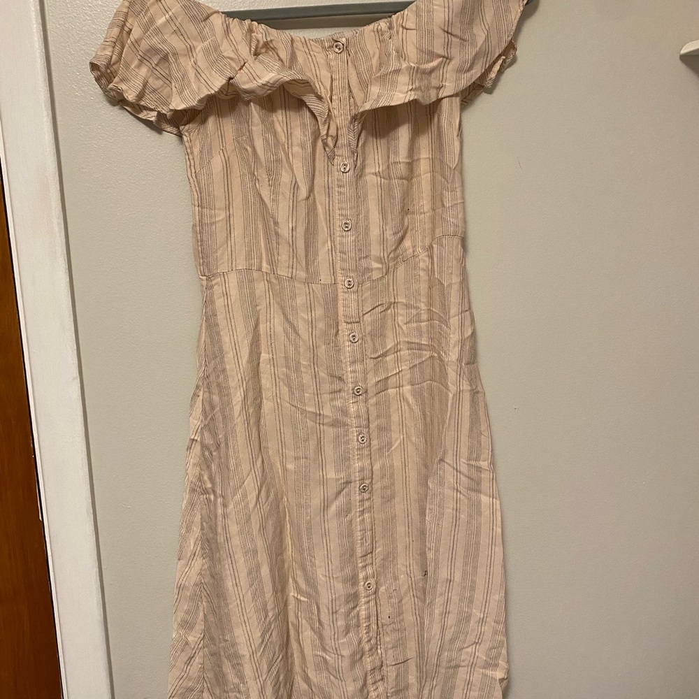 Beige Off-Shoulder Button-Down Dress